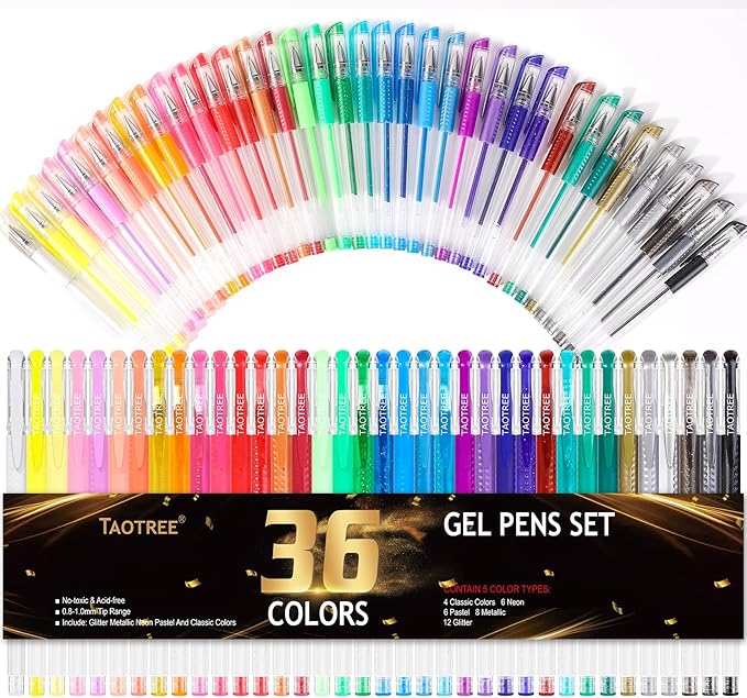 Taotree Glitter Gel Pens, 36 Color Neon Glitter Pens Fine Tip Art Markers Set 40% More Ink Colored Gel Marker for Coloring Book, Drawing, Coloring, Scrapbook, Journaling, Sparkle Easter Gifts