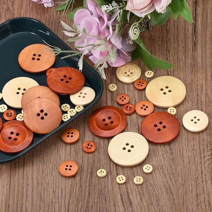 uxcell 50Pcs Wooden Buttons, 23mm(7/8") 4 Hole Round Wood Sewing Button Craft for Sewing DIY Craft Clothing, Brown