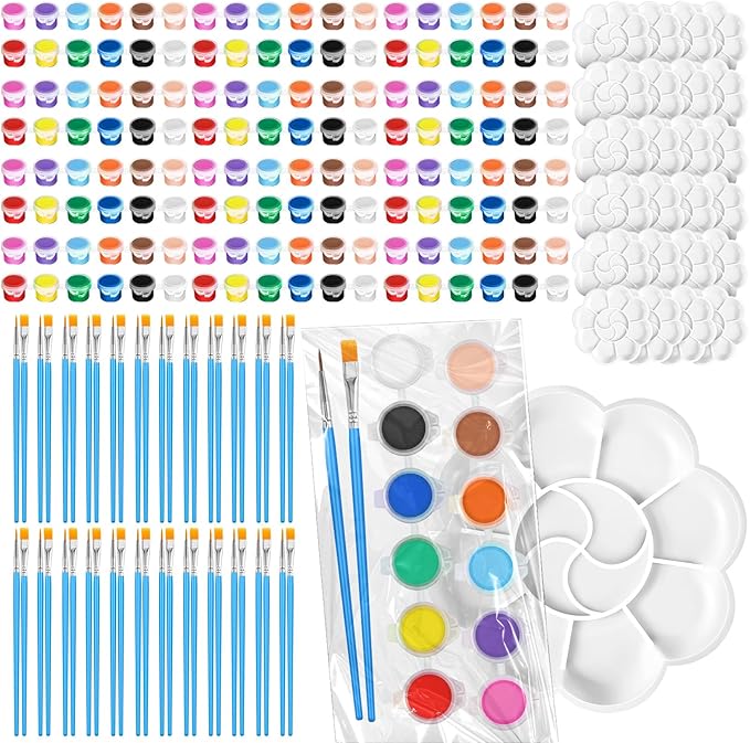 Fulmoon 12 Set Mini Acrylic Paint Set for Kids Adults Washable Mini Painting Kit Arts Crafts Party Favors Filled Strips Brushes Palettes Bulk for Classroom Home Kit Supplies (Vivid Color)