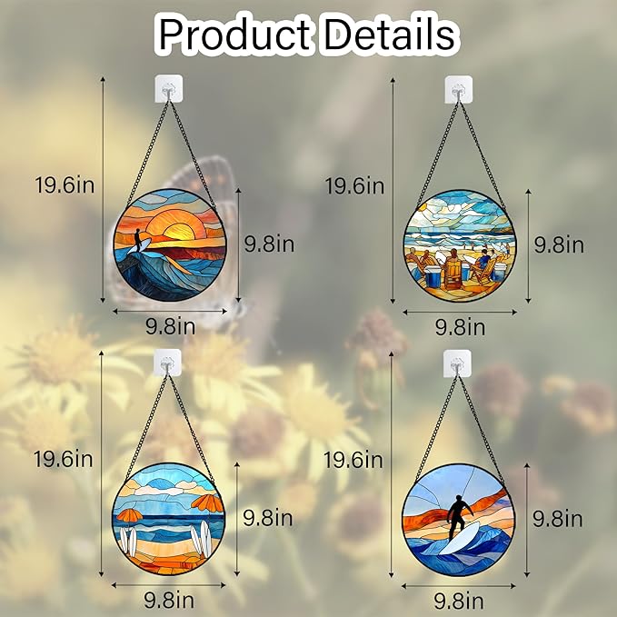 Stained Glass Window Hanging 4 Pcs Set Blue Ocean Surfing Beach 9.8" - Suncatcher Door Garden Sun Catcher Decor Birthday Mother's Day for Firefighte Men Woman Nana Mom