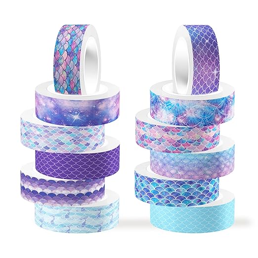 Mermaid Washi Tape Set 12 Rolls, Marine Animal Washi Tape, DIY Decorative Tape for Suitable for Scrapbooking Decorations, Art journaling Accessories, and Craft Projects