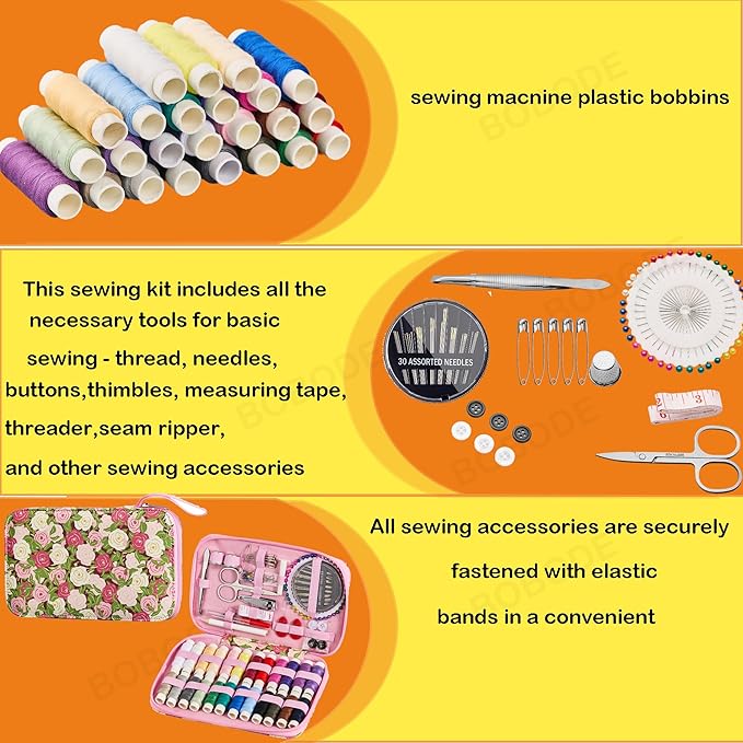 Rose Floral Sewing Kit with 130 PCS Sewing Supplies Accessory,PU Zipper Sewing Needles Set, Professional Travel Sewing Kit for Adults,Emergency, Home