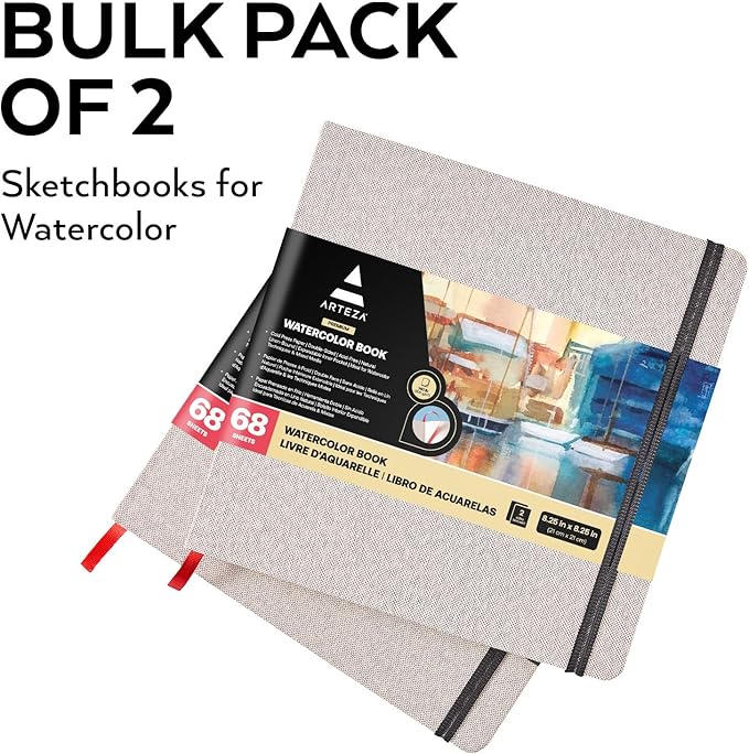 ARTEZA Watercolor Sketchbook, 2-Pack, 68 Pages Each, 8.25 x 8.25 Inches, Gray Hardcover, 110-Pound Paper