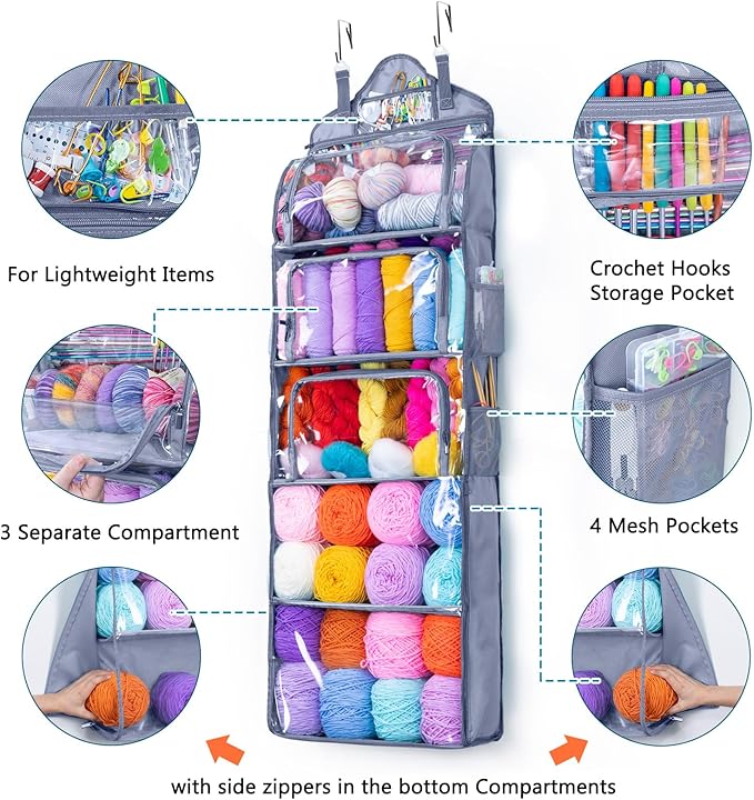 MYBAGZING Hanging Yarn Storage Organizer –Over-The-Door Crochet Organizer with Both Front and Side Zipper Closure -Large Capacity Clear Yarn Holder for Crochet Hooks, Knitting Needles & Accessories