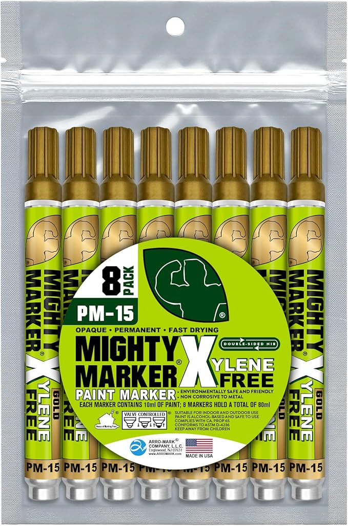 PM-15, Eco-Friendly Paint Marker, Alcohol-Based & Xylene-Free, Waterproof & Permanent, 10ml, 2.3mm Tip, 8 Bonus Tips, Made in USA, Gold 8 Pack