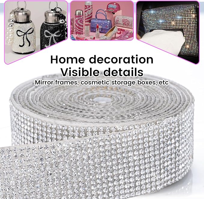 Novani Self Adhesive Rhinestone Ribbon, 1.14 Inch Wide 6 Yards 1 Roll, Silver Crystal Diamond Bling Strips for DIY Crafts, Home Decor, Glitter Glass Rhinestones Tape for Crafting, Car Decoration