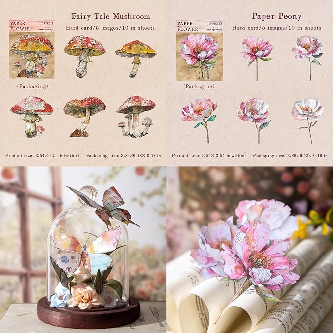 60 PCS Vintage Hard Card Flower Leaf Mushroom Butterfly Stickers, Aesthetic Decorative 3D Simulation Scrapbook Stickers for DIY Diary Junk Journal Handbook Journaling Scrapbooking Supplies Kit