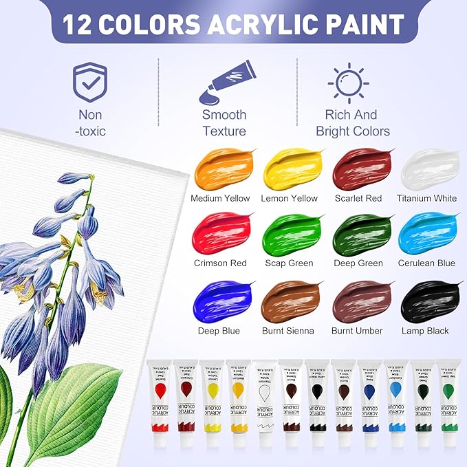 ESRICH 104PCS Acrylic Paint Canvas Set, Acrylic Painting Kit with 4 Set of 12 Colors Acrylics Paint,Paint Brushes,Canvas, Wooden Easels, Art Plates, Art Painting Supplies for Kids Adults Beginners