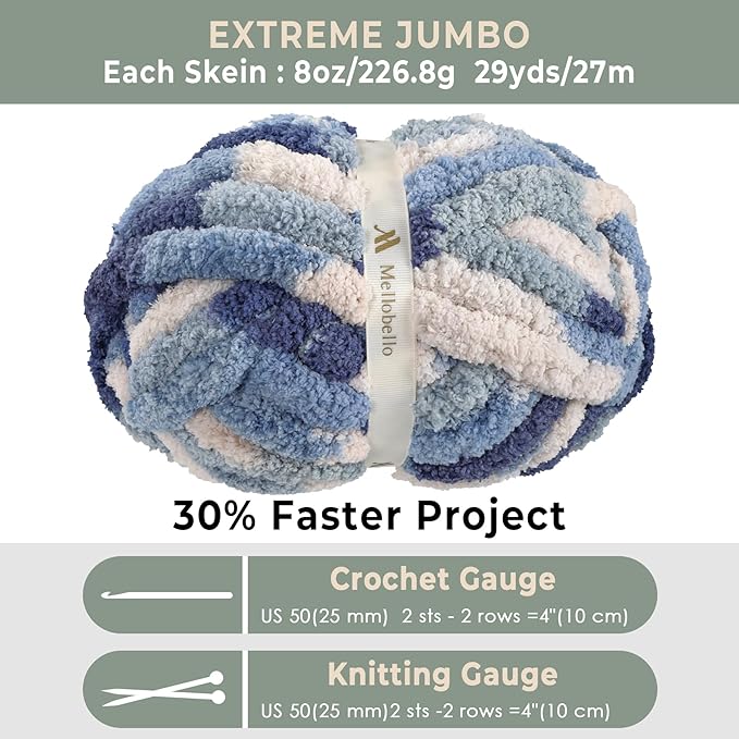Jumbo Chunky Yarn for Hand Knitting - Super Thick Chenille Chunky Yarn for Crocheting - Extra Soft Bulky Fluffy Blanket Big Yarns 8 Jumbo Pack (27yds,8 oz Each Skein)