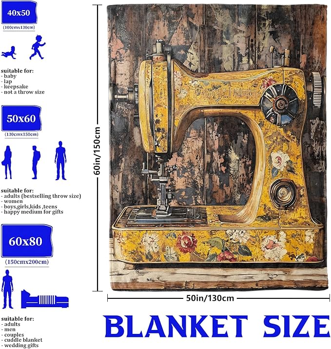 Vintage Sewing Machine Throw Blanket – Retro Yellow Design, Cozy Warm Flannel Blankets, All Season Use, Girls Women Gifts, 50x60in, Sofa Office Dorm Travel RV Farmhouse Decoration