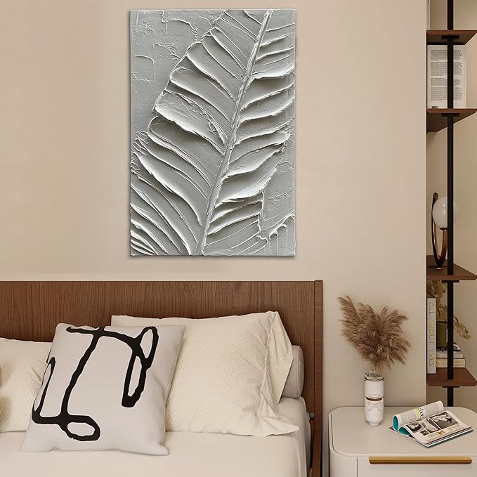 Art Hand-Painted Modern Minimalist Abstract Art Featuring White Leaf Texture - Oil Painting for Home Office Corridor Wall Decoration. 36x24 inches