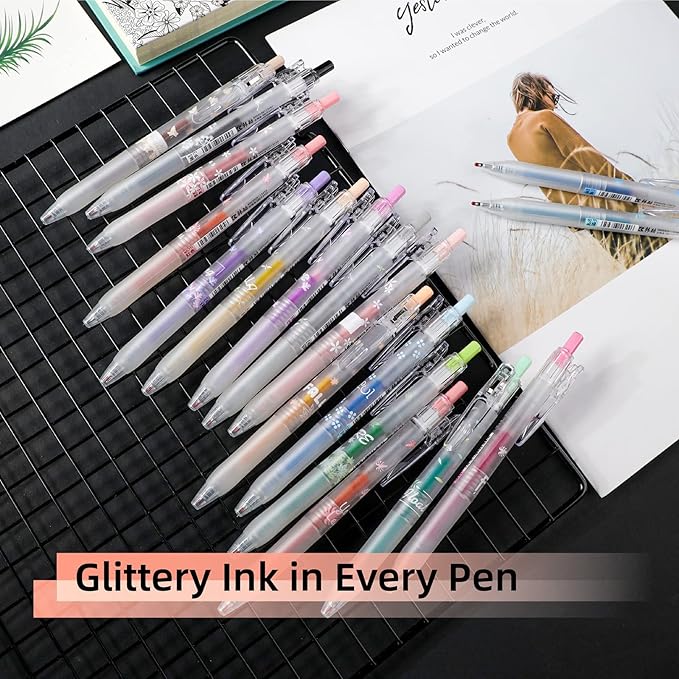 Glitter Gel Pens, 16 Pack Colored Glitter Pens, 0.7mm Retractable Colorful Sparkle Gel Pen Markers, Sparkly & Pastel Colors, Gifts Trendy Stuff for Journaling Coloring Supplies