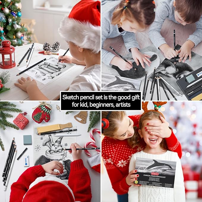PANDAFLY 24 Piece Charcoal Drawing Set, Black & White Charcoal Pencils for Drawing, Sketching, Shading, Blending, Artist Pencils for Adults Beginners & Pro Artists