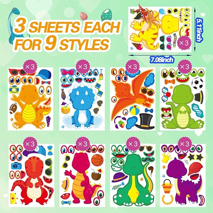 27 Sheet Dinosaur Stickers, Make Your Own Dinosaur Stickers for Kids，Make a Face Stickers Dinosaur Birthday Party Supplies,DIY Project Dino Theme Birthday Party Favor for Kids