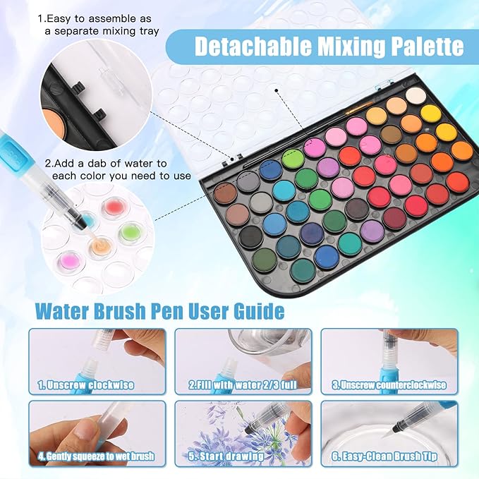 Watercolor Paint Set,48 Colors Watercolor Paint Gift Box 30Page Artist Paper-10 Brushes-Palette Travel Design Storage Bag,for Christmas Gifts Card Making,Artists Beginners,Kids Water Colors Paint Adult Set.