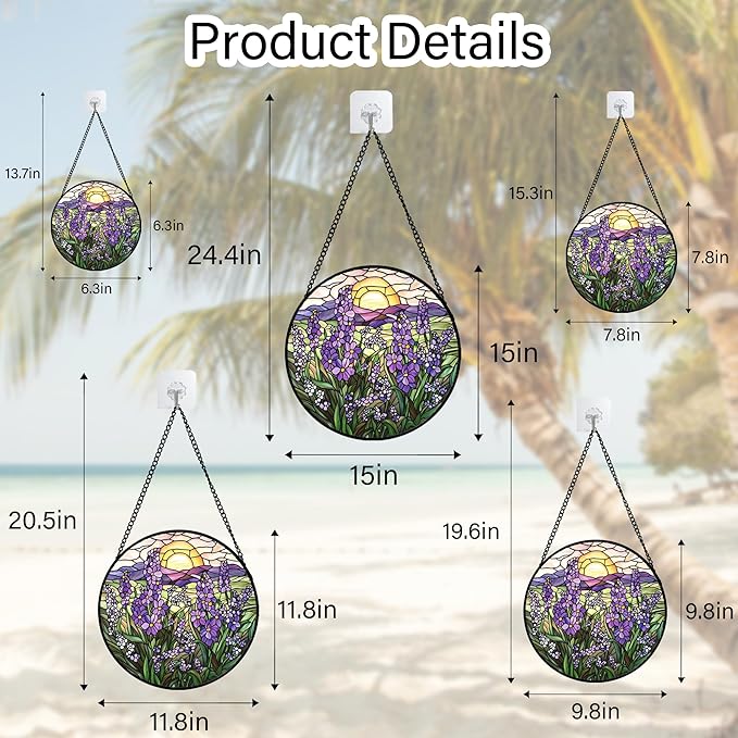 Stained Glass Window Hanging - Purple Lavender Suncatcher for Door Terrace Garden Home Decor Plant Flowers Landscape Sun Catcher Birthday Gifts for Lovers Women Men Dad Mom Nana 6.3 in