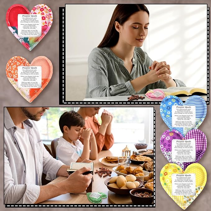 Pocket Prayer Quilt Panel Squares with Small Wooden Crosses Mini Scripture Pocket Prayer Quilt for Friend Family Religious Spiritual Gift Easter Reward Gift(Heart,Brown)