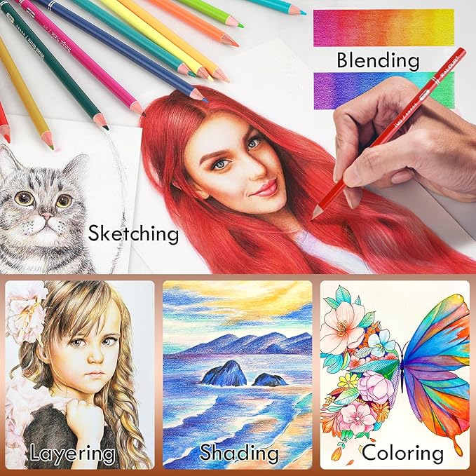 180 Colored Pencil Set for Adults & Artists, Rich Pigment Soft Core, 15 Metallic Pencils, 6 Neon Pencils, Ideal for Coloring Drawing Sketching Shading Blending, Vibrant Colors (Tin Case)