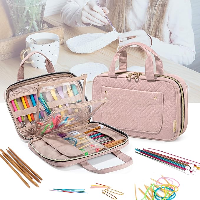 Yarwo Knitting Needles Case (up to 10.6"), Crochet Hooks Organizer with Double Handle for Circular Knitting Needles and Accessories, Dusty Rose (Bag Only)