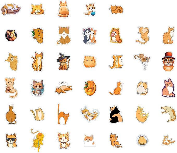 BulbaCraft Orange Cat Stickers for Water Bottle and Laptop - Orange Cat Party Supplies & Decorations, Waterproof Vinyl Decals, Cute Animal and Pet Stickers, Gifts for Women & Men