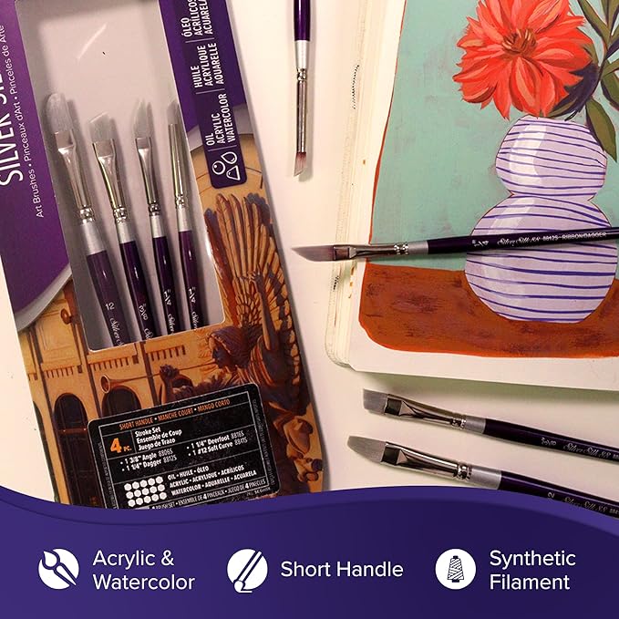 Silver Brush Limited SK-8113S Silver Silk 88 Variety Set, 4pc Short Handle Premium Paintbrushes for Acrylic, Watercolor, Gouache, Inks, & Dyes, Round, Oval Cresent, Angle, and Chisel Blender Brushes