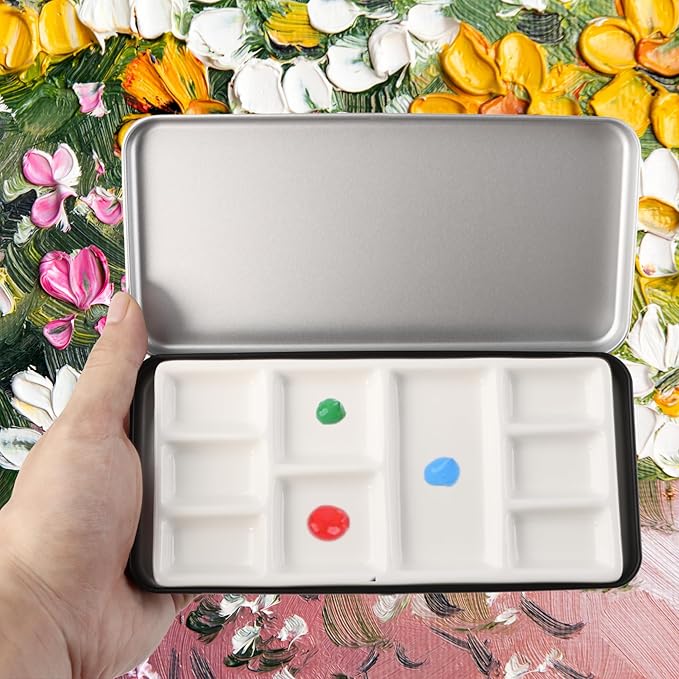 Travel Watercolor Palette, Portable Ceramic Palette 9 Well, Watercolor Palette with Lid, Empty Wet Palette Metal Paint Box with Porcelain Palettes(Black Box)