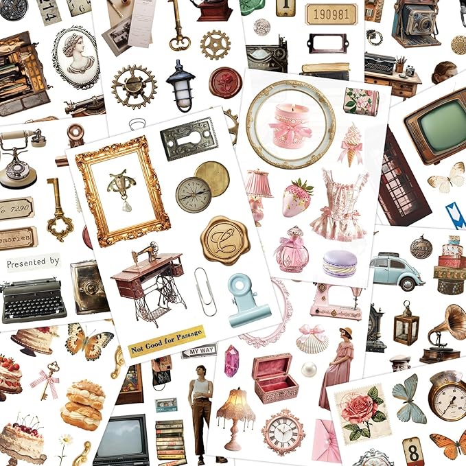 Vintage Sticker Book with 30 Pages and 300+ Aesthetic Stickers for Scrapbooking Supplies and Retro Bullet Journal