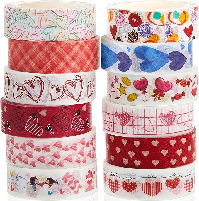 Epakh 12 Rolls Valentine‘s Day Washi Tape Set 0.59 Inch by 23 Feet Decorative Washi Heart Tape Sweet Heart Masking Tapes Kawaii for Valentine Scrapbook Wedding Anniversary Decoration Party Supply