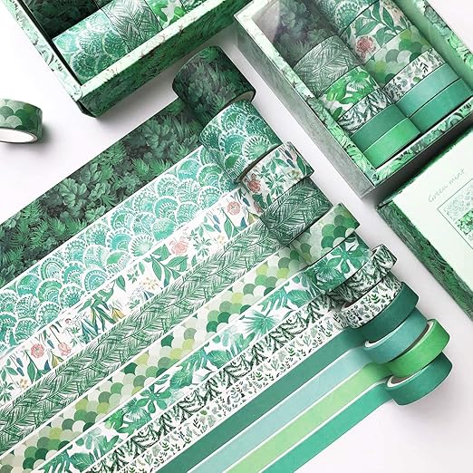 12 Rolls Green Washi Tape Set,Leaves Floral Tree Washi Masking Tape Colorful Decorative Painters Tape for Craft,Kids,Scrapbook,DIY,Gift Wrapping