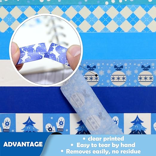 Winter Washi Tape Set,12 Rolls Blue White Holiday Decorative Tape Snowflake Xmas Tree Bell Reindeer Masking Tape for Journaling Supplies,Journal,Scrapbooking,DIY Arts & Crafts, Gift Wrapping