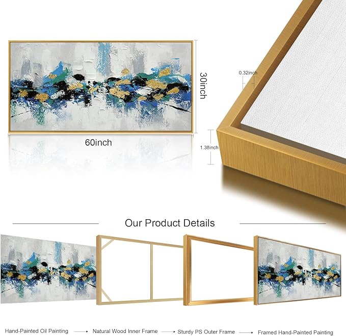 Large 100% Hand Painted Oil Painting 3D Texture Framed Canvas Wall Art White Black Blue Green Home Decor Abstract Gold Leaf Wall Painting for Living Room Bedroom Office 60x30in