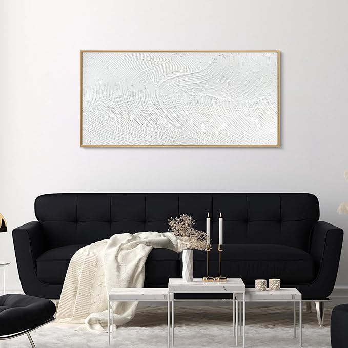 Large 100% Handmade Abstract Oil Painting with Frame Modern Original Hand Painted White Texture Framed Canvas Wall Art Minimalist Sea Wave Large Artwork for Living Room Bedroom Office 48x24in