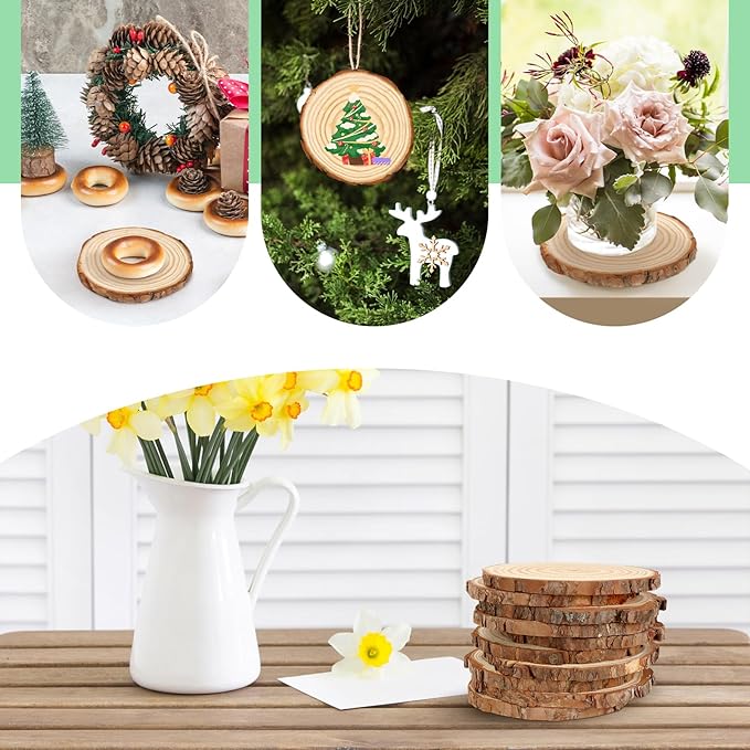 FSWCCK 10 PCS Unfinished Wood Slices for Centerpieces，4.7-5.1 Inch,Round Natural Discs with Tree Bark,Wooden Cookies Circles for Crafts Christmas Ornaments, Rustic Wedding Table Decoration (4.7"-5.1")