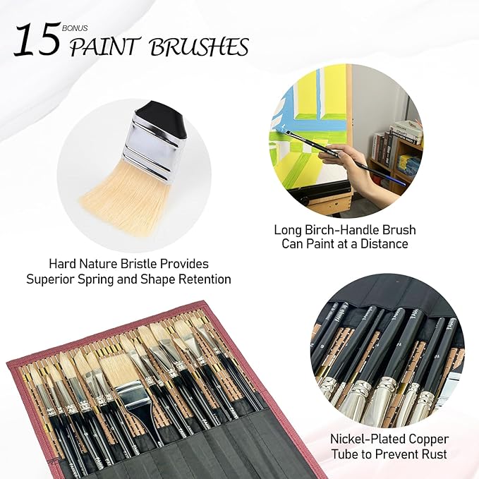 Falling in Art Natural Bristle Professional Paintbrush Set, 15PCS Long Handled Paint Brushes for Acrylic Painting, Oil Paint Brushes with Bamboo Storage Pouch
