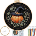 FONNUY Pumpkin Embroidery Kit for Beginners, Pre-Stamped Pattern Kits for Adults with Hoop, Easy to Follow Color Thread Needlework, 8'' Hoop (Witch Hat 4)