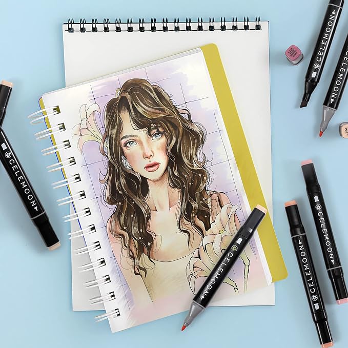 CeleMoon 36 Skin Tone Colors Dual Tip Alcohol Markers Pens, Fine and Broad Chisel, Sketch Art Marker, Permanent for Coloring, Drawing, Portrait Illustration, Mid-tone Skin Tone and Hair Shades