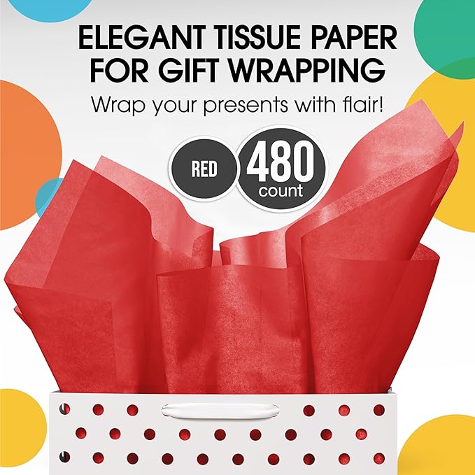 Party Solids Red Tissue Paper for Gift Bags - 20" X 30" Bulk Tissue Paper Red 480 Sheets - 10lb Newsprint for Packing, Birthday Gift Box Filler, Packing Supplies for Moving Supplies