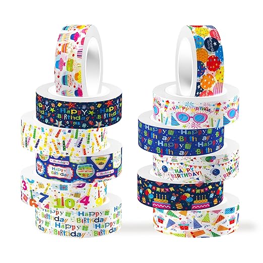 Adirasenotek Happy Birthday Washi Tape Colorful Washi Masking Tapes 12 Rolls,Birthday Decorative Paper Stickers for Note Scrapbook Handbook Sticker Coquette Gift Wrapping DIY Art Crafts