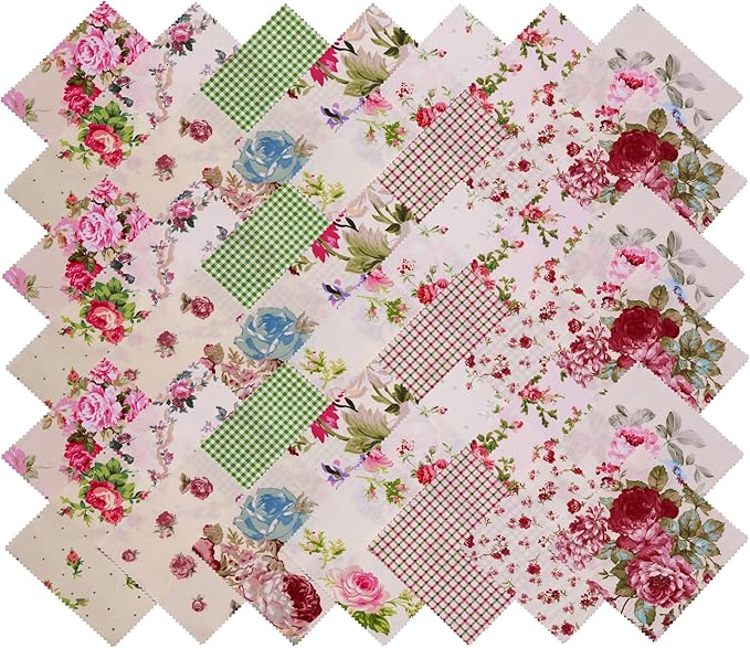 42 Pcs Charm Packs for Quilting 5 inch - Charm Squares for Quilting 5x5-100% Cotton Plaid Retro Rose Floral Fabric Quilt Squares 5x5 for Sewing, Patchwork, and DIY Crafts