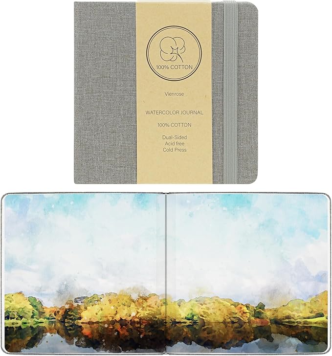 Vienrose 2 Pack Watercolor Sketchbook, 5.5"x5.5" Watercolor Journal with 24 Sheets 140 LB (300 GSM) 100% Cotton Watercolor Paper, Grey Linen Cover Water Coloring Sketch Book