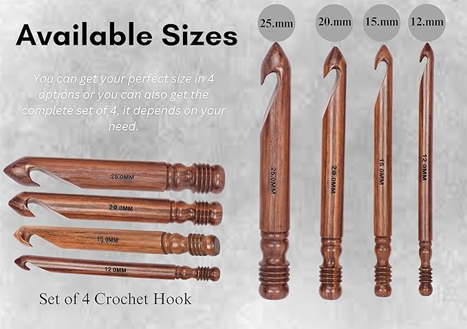 Wooden Crochet Hook | Knitting Needle with Ergonomic Soft Grip Handles | Handcrafted Crochet Hook Set | Indian Rosewood Crochet Hook with Engraved Size (15 mm)
