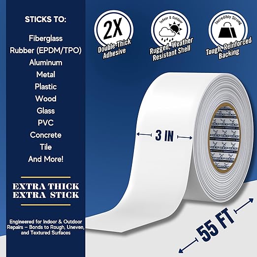 Buck RV Roof Sealant Tape – 3 Inch x 55ft, 40 Mil – Waterproof RV Tape for Roof Repair, Seams, Skylights, Vents & Window Leaks on Camper, Trailer & Boat, UV Resistant & Weatherproof, White, 1 Pack