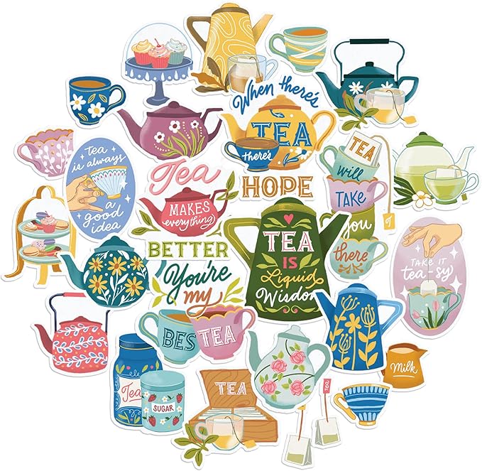 Navy Peony Calming Tea Stickers (26 Pieces) - Relatable Quotes, Gouache Style, Waterproof | Cute Tea Party Stickers for Cups, Laptops, and Journals