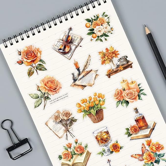 50 PCS Vintage Orange Rose Floral Scrapbook Stickers, Clear Watercolor Fall Aesthetic Stickers for Journaling, Resin Crafts, Cards, Planners, Retro Autumn Decor