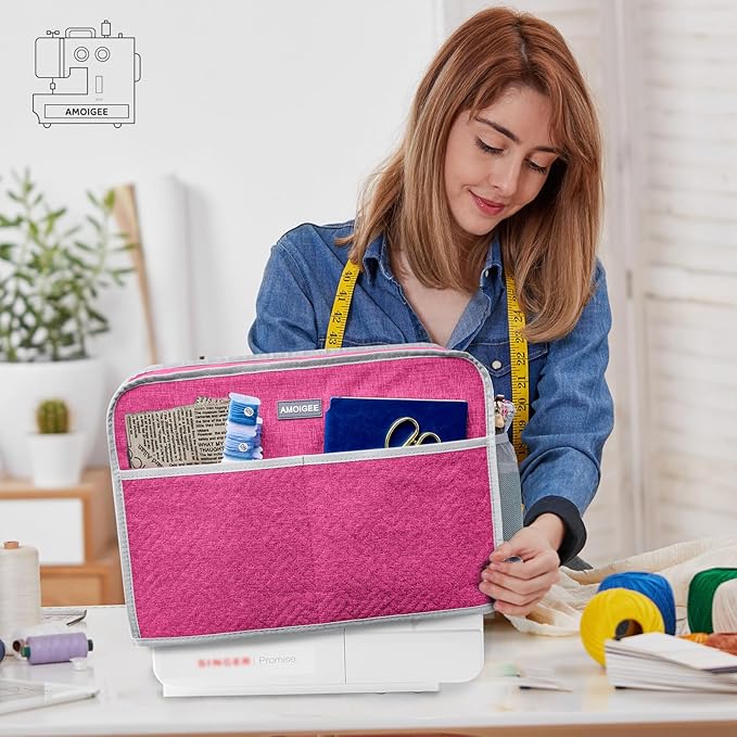 AMOIGEE Sewing Machine Cover for Brother, Singer, Janome – Quilted Dust Cover with Storage Pockets, Padded Protective Sewing Machine Case Fits Most Standard Sewing Machines (17" x 7" x 12")