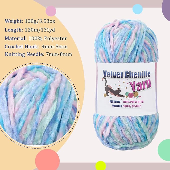 4 * 100g Fluffy Velvet Chenille Yarn for Crocheting and Knitting, Handcrafts Weaving Soft Chenille Yarn for Crocheting Clearance, Used for Making Baby Yarn Blanket, Clothes, DIY Craft (Candy Color)