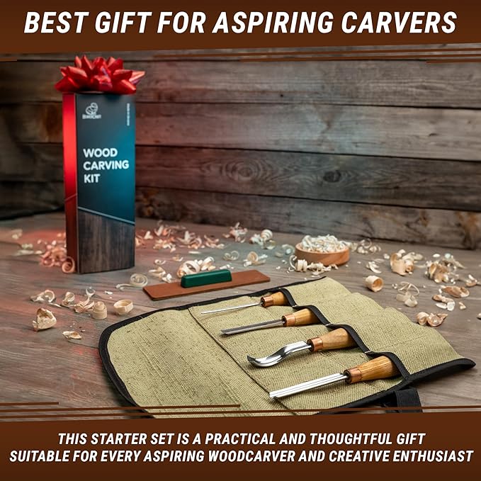 BeaverCraft Wood Carving Gouges Chisels Kit SC01 - Wood Spoon Carving Chisel Set - Whittling Tools Includes Radial Gouges, Flat Chisel, Bent Gouge, Leather Strop & Rolling Pouch