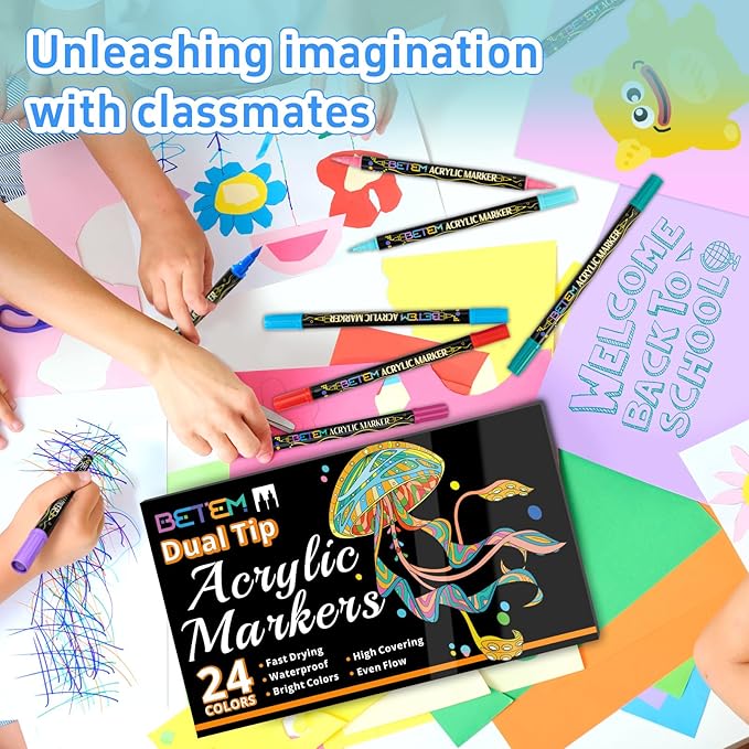 Betem Acrylic Paint Markers, Dual Tip 24 Colors Acrylic Paint Pens with Brush Tip and Fine Point, Art Supplies for Rock, Wood, Canvas, Stone, Glass, Ceramic, Rock Painting Christmas Gift