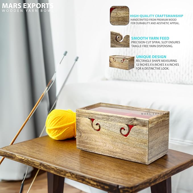 Wooden Yarn Bowl, Square Shape 2 in One Yarn Ball Holder, Craft Knitting Bowl Holder for Crocheting and Knitting, Wool/String Storage Accessory (12"x 6"x 6")