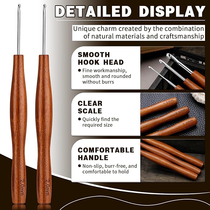 Nitlak 2Pcs 2mm Crochet Hook, Available in 1.5mm-6.0mm, Aluminum Ergonomic Crochet Hook with Wooden Handle for Arthritic Hands, Beginners, Crochet Needles for Knitting